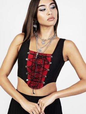 DISTURBIA Black Crop Top with Red Lace-Up Panel - size 4